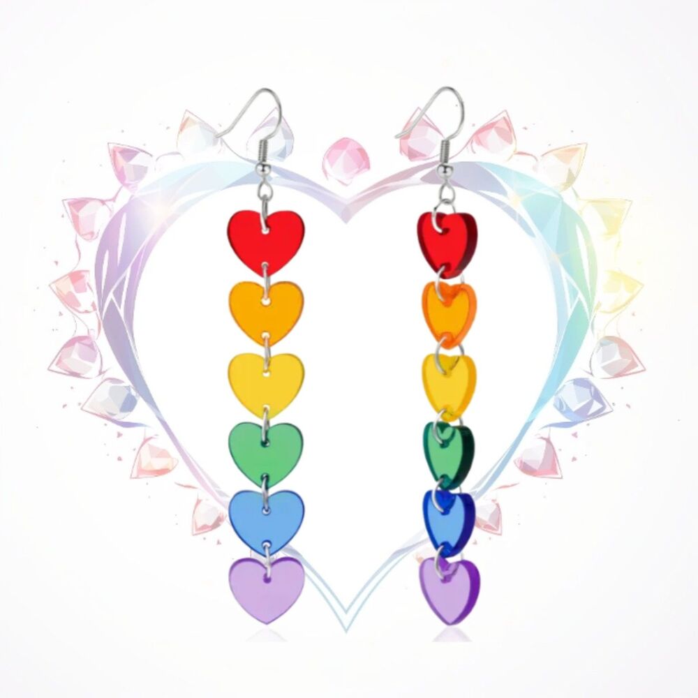 Long Dangle Rainbow Heart Earrings 6 Hearts Colorful